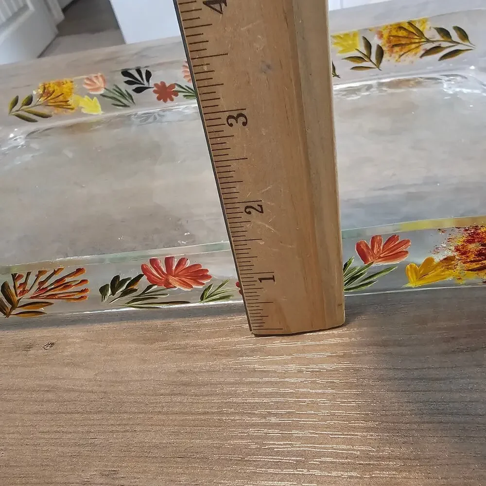 Vintage Hand Painted Glass Tray Floral Rectangle Retro Cottage Trinket Holder